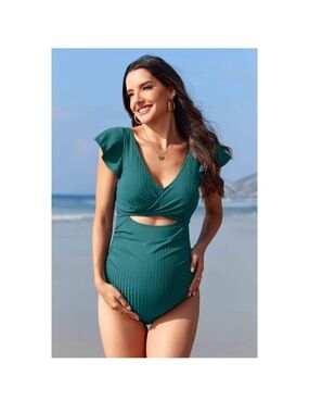 Maternity swimsuit Teal Ribbed One-Piece Swimwear with Flutter Sleeves